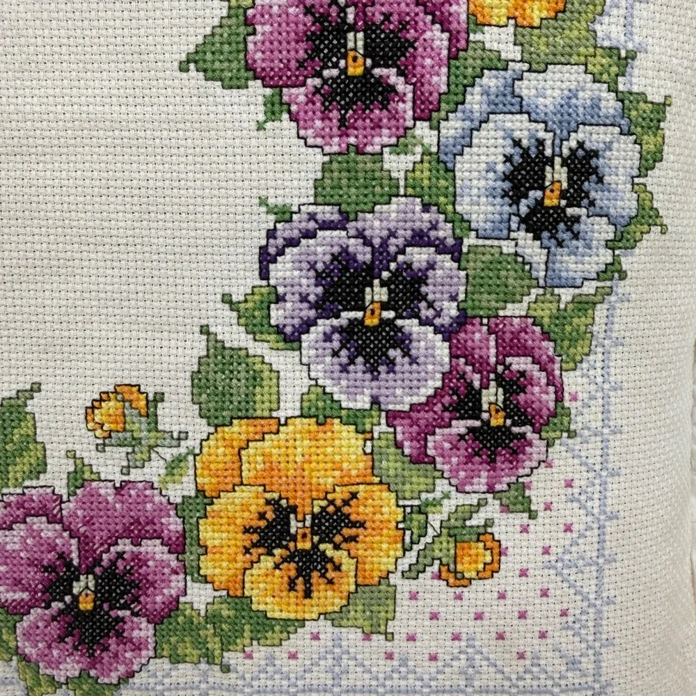 VTG Handmade Pansy Wreath Cross Stitch Ruffle Throw Pillow Floral Cottagecore